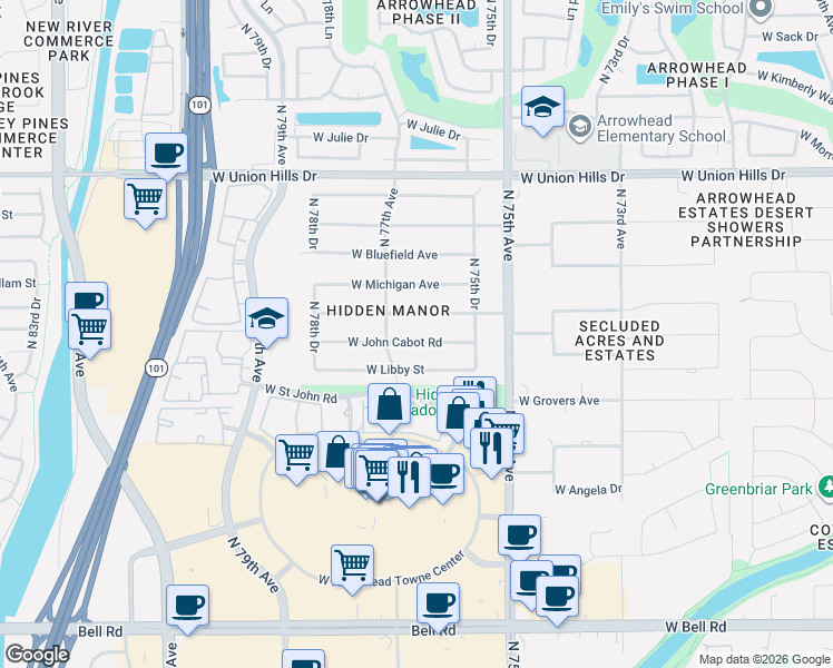 map of restaurants, bars, coffee shops, grocery stores, and more near 1619 West Villa Rita Drive in Glendale