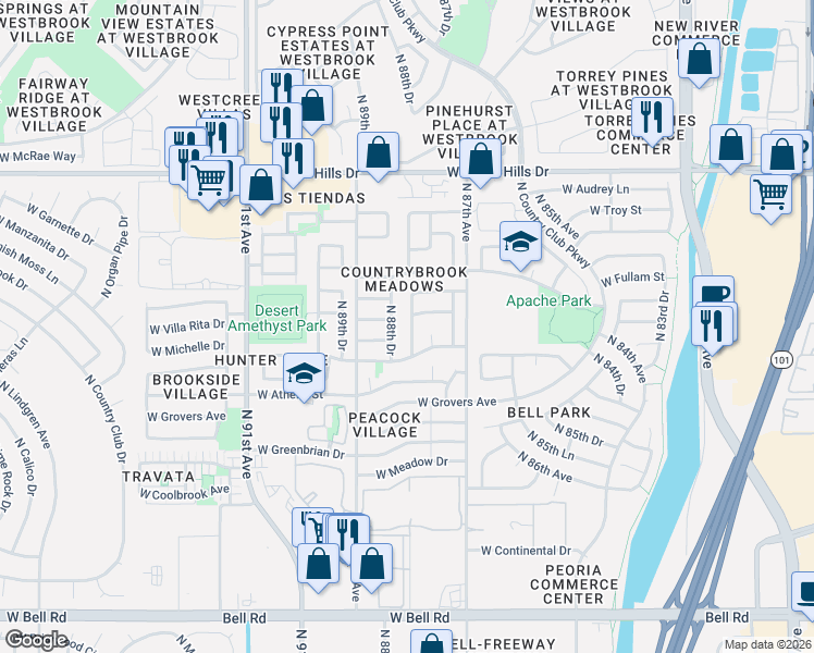 map of restaurants, bars, coffee shops, grocery stores, and more near 8753 West Michelle Drive in Peoria
