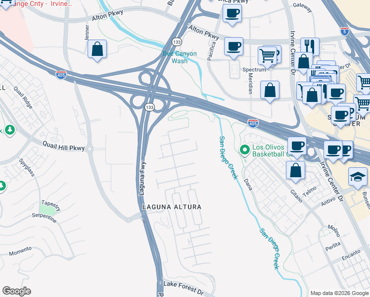 map of restaurants, bars, coffee shops, grocery stores, and more near 100 Brindisi in Irvine
