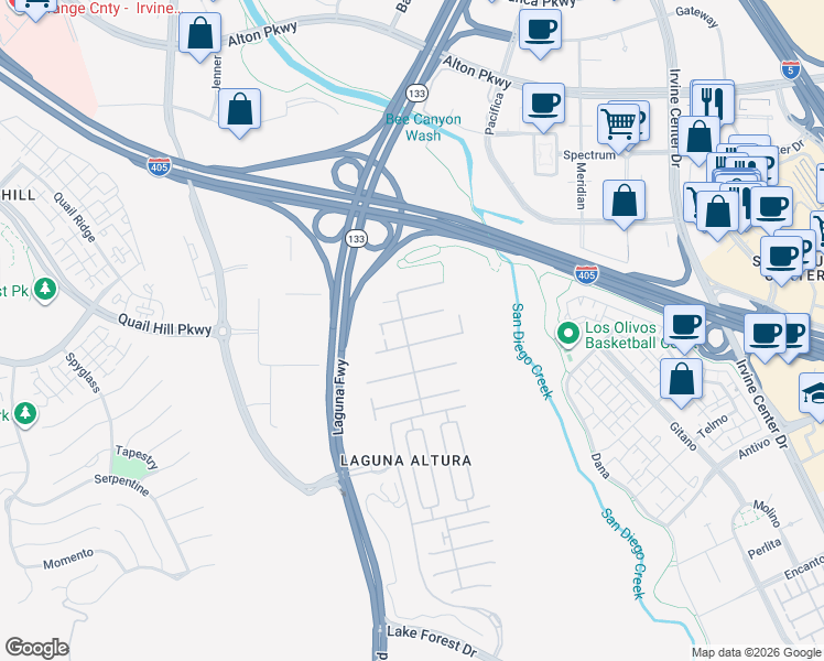 map of restaurants, bars, coffee shops, grocery stores, and more near 66 Brindisi in Irvine