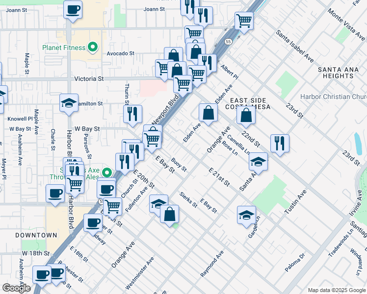 map of restaurants, bars, coffee shops, grocery stores, and more near 151 East 21st Street in Costa Mesa