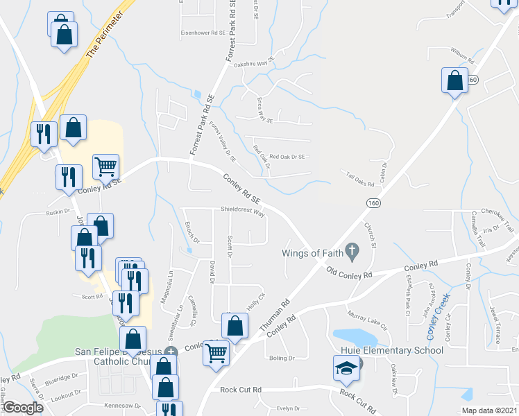 map of restaurants, bars, coffee shops, grocery stores, and more near 1096 Conley Road Southeast in Atlanta