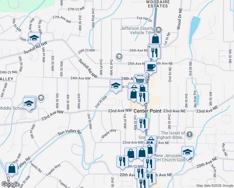 map of restaurants, bars, coffee shops, grocery stores, and more near 125 23rd Terrace Northwest in Center Point