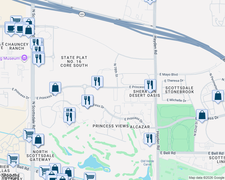 map of restaurants, bars, coffee shops, grocery stores, and more near 7777 East Princess Boulevard in Scottsdale