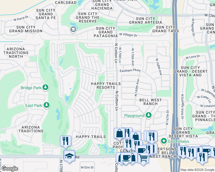 map of restaurants, bars, coffee shops, grocery stores, and more near 17200 West Bell Road in Surprise