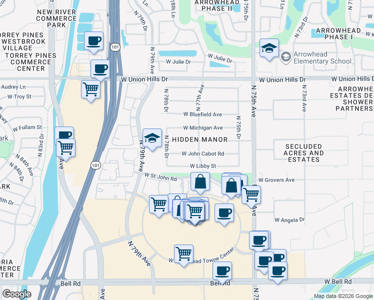 map of restaurants, bars, coffee shops, grocery stores, and more near 7707 West Villa Rita Drive in Glendale