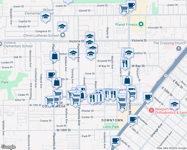 map of restaurants, bars, coffee shops, grocery stores, and more near 641 Cove Street in Costa Mesa