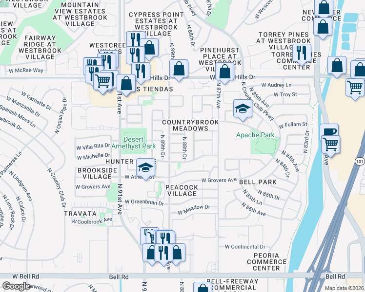 map of restaurants, bars, coffee shops, grocery stores, and more near 8834 West Michelle Drive in Peoria