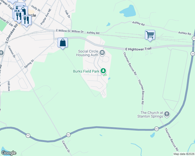 map of restaurants, bars, coffee shops, grocery stores, and more near 801 Dove Place in Social Circle