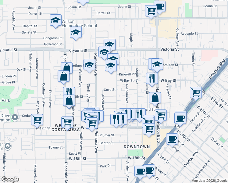 map of restaurants, bars, coffee shops, grocery stores, and more near 641 Cove Street in Costa Mesa