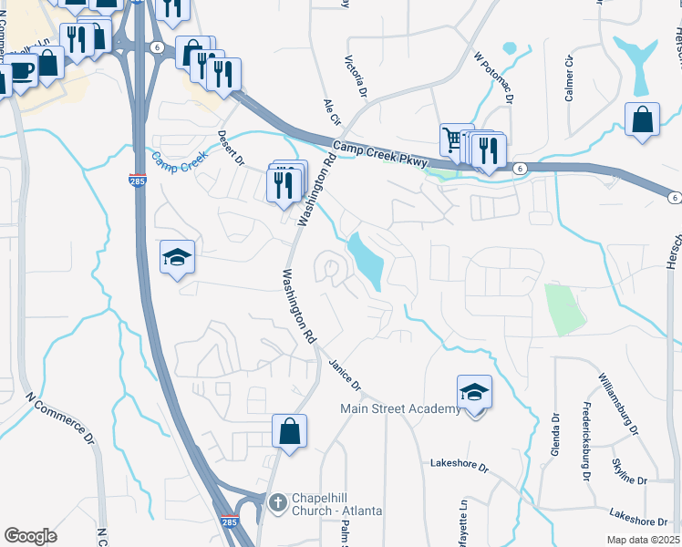 map of restaurants, bars, coffee shops, grocery stores, and more near 3200 Lakemont Drive in Atlanta