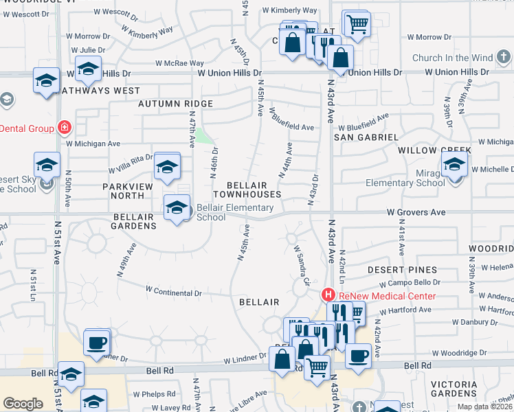 map of restaurants, bars, coffee shops, grocery stores, and more near 17831 North 45th Avenue in Glendale