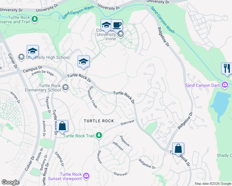 map of restaurants, bars, coffee shops, grocery stores, and more near Turtle Rock Drive & Sycamore Creek in Irvine
