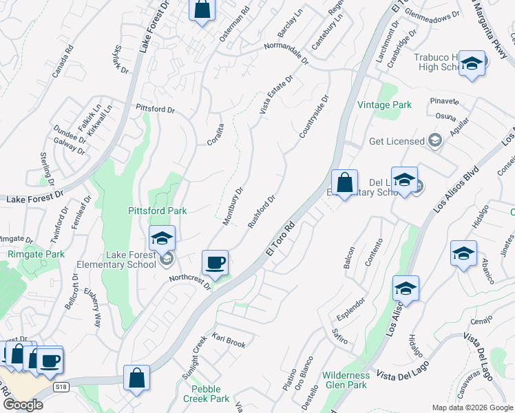 map of restaurants, bars, coffee shops, grocery stores, and more near 21721 Rushford Drive in Lake Forest