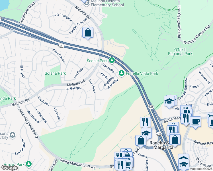 map of restaurants, bars, coffee shops, grocery stores, and more near 2 Feldspar Way in Rancho Santa Margarita