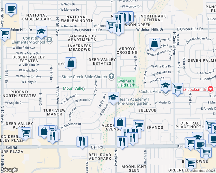 map of restaurants, bars, coffee shops, grocery stores, and more near 17816 North 8th Drive in Phoenix