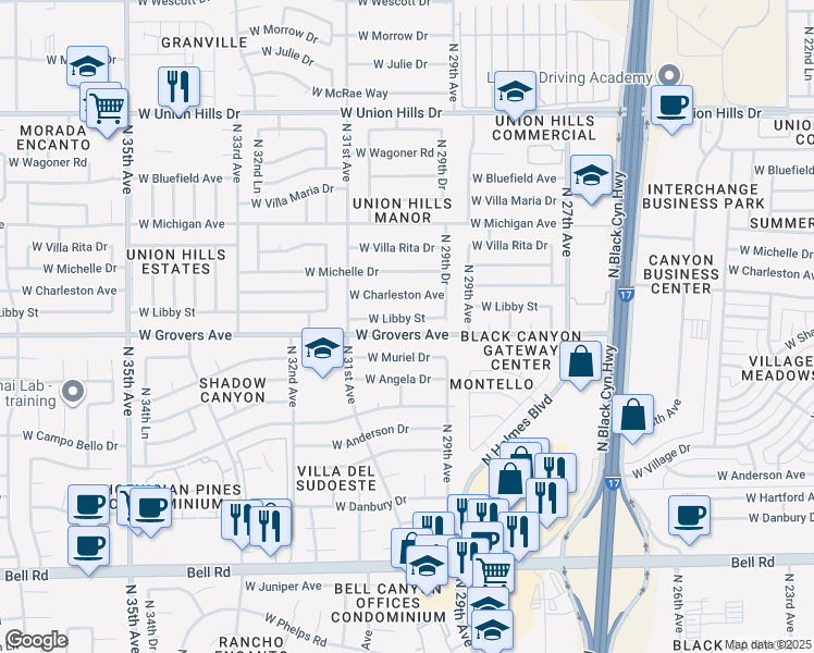 map of restaurants, bars, coffee shops, grocery stores, and more near 2954 West Libby Street in Phoenix