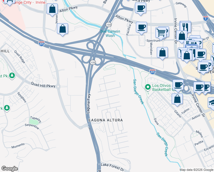 map of restaurants, bars, coffee shops, grocery stores, and more near 66 Brindisi in Irvine