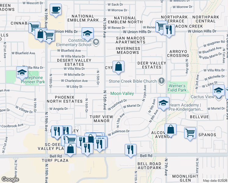 map of restaurants, bars, coffee shops, grocery stores, and more near 1403 West Libby Street in Phoenix