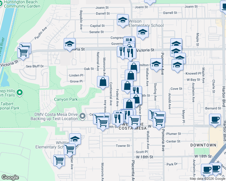 map of restaurants, bars, coffee shops, grocery stores, and more near 2029 Federal Avenue in Costa Mesa
