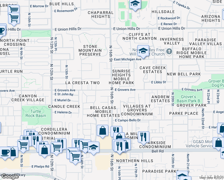 map of restaurants, bars, coffee shops, grocery stores, and more near N 16th St & E Grovers Ave in Phoenix