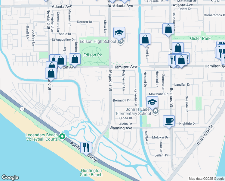 map of restaurants, bars, coffee shops, grocery stores, and more near 9002 Adelia Circle in Huntington Beach