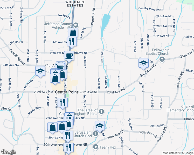 map of restaurants, bars, coffee shops, grocery stores, and more near 2324 3rd Street Northeast in Center Point