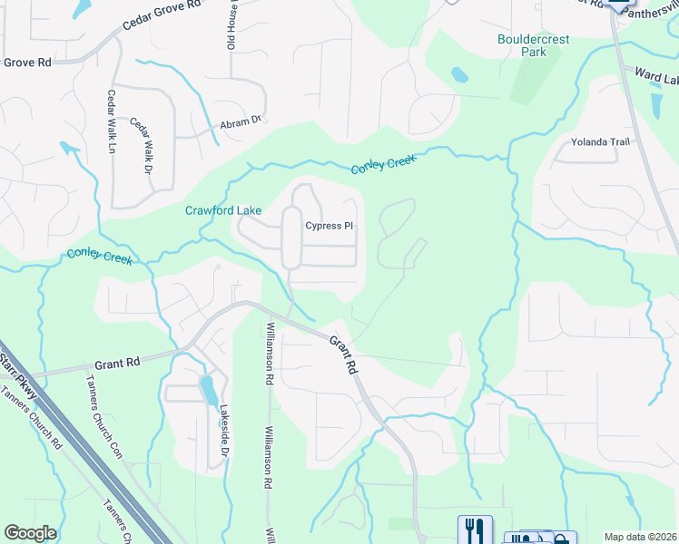 map of restaurants, bars, coffee shops, grocery stores, and more near 2112 Pine View Trail in Ellenwood
