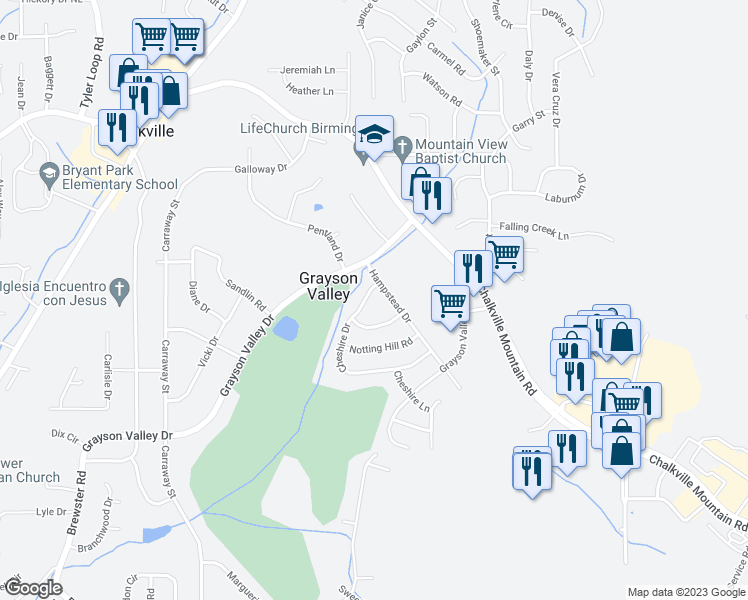 map of restaurants, bars, coffee shops, grocery stores, and more near 2321 Cheshire Drive in Birmingham
