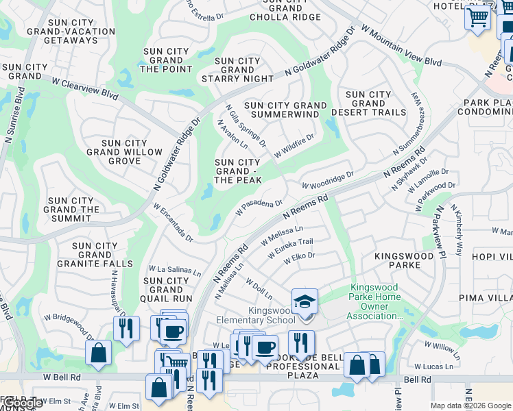 map of restaurants, bars, coffee shops, grocery stores, and more near 15314 West Pasadena Drive in Surprise