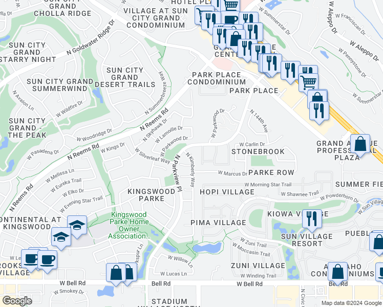 map of restaurants, bars, coffee shops, grocery stores, and more near 14700 North Kelly Court in Surprise