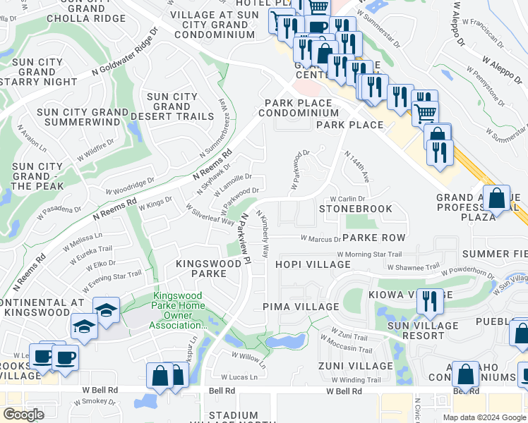 map of restaurants, bars, coffee shops, grocery stores, and more near 13598 North Kelly Court in Surprise