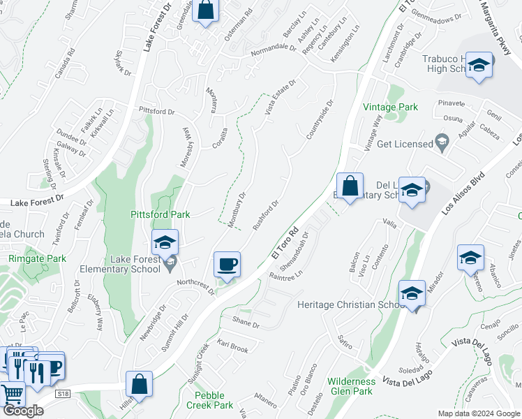 map of restaurants, bars, coffee shops, grocery stores, and more near 21721 Rushford Drive in Lake Forest