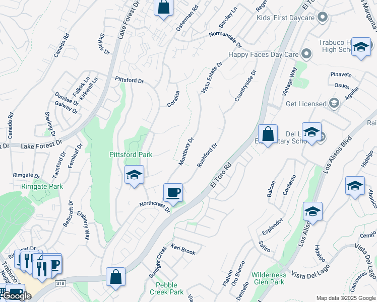 map of restaurants, bars, coffee shops, grocery stores, and more near 21702 Montbury Drive in Lake Forest