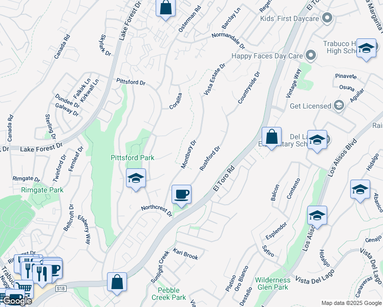 map of restaurants, bars, coffee shops, grocery stores, and more near 21702 Montbury Drive in Lake Forest