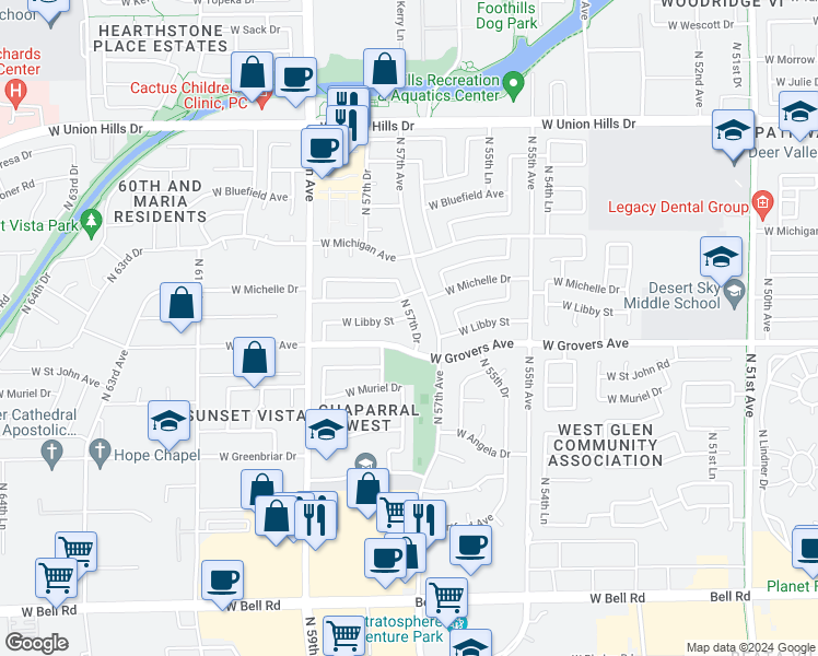 map of restaurants, bars, coffee shops, grocery stores, and more near 17824 North 57th Drive in Glendale