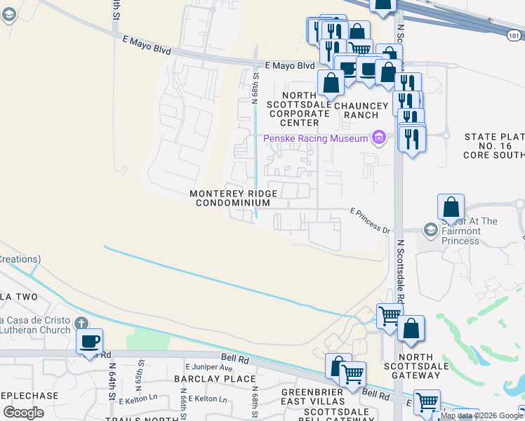 map of restaurants, bars, coffee shops, grocery stores, and more near 6900 East Princess Drive in Phoenix