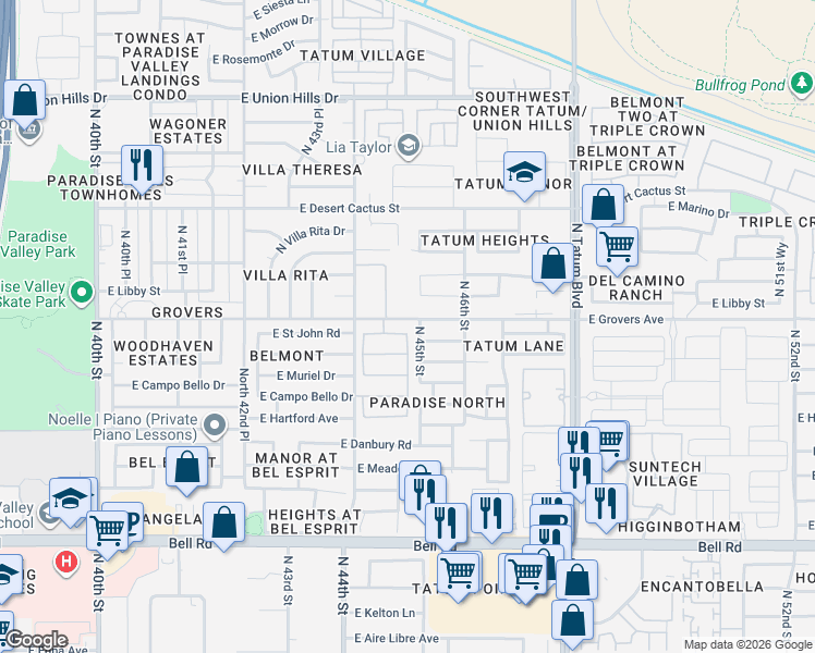 map of restaurants, bars, coffee shops, grocery stores, and more near 4520 East Grovers Avenue in Phoenix