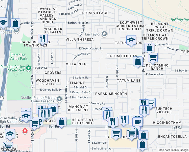 map of restaurants, bars, coffee shops, grocery stores, and more near 4402 East Campo Bello Drive in Phoenix