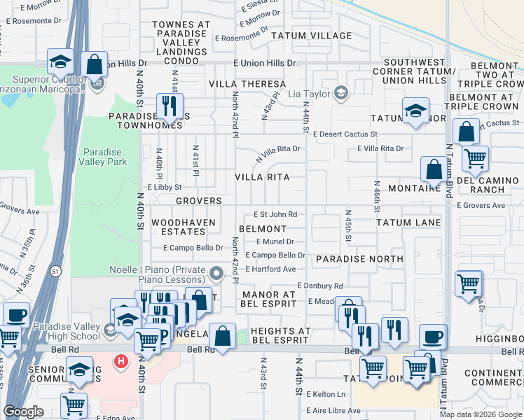 map of restaurants, bars, coffee shops, grocery stores, and more near 17801 North 43rd Place in Phoenix