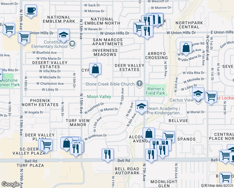 map of restaurants, bars, coffee shops, grocery stores, and more near 17816 North 10th Avenue in Phoenix