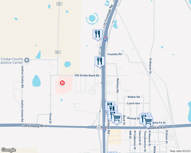 map of restaurants, bars, coffee shops, grocery stores, and more near 2005 Interstate 35 in Gainesville