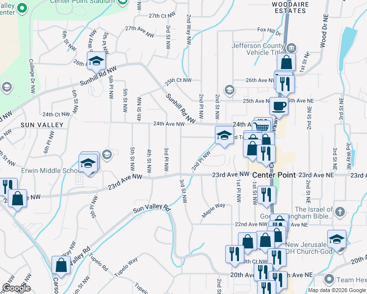 map of restaurants, bars, coffee shops, grocery stores, and more near 229 23rd Terrace Northwest in Center Point