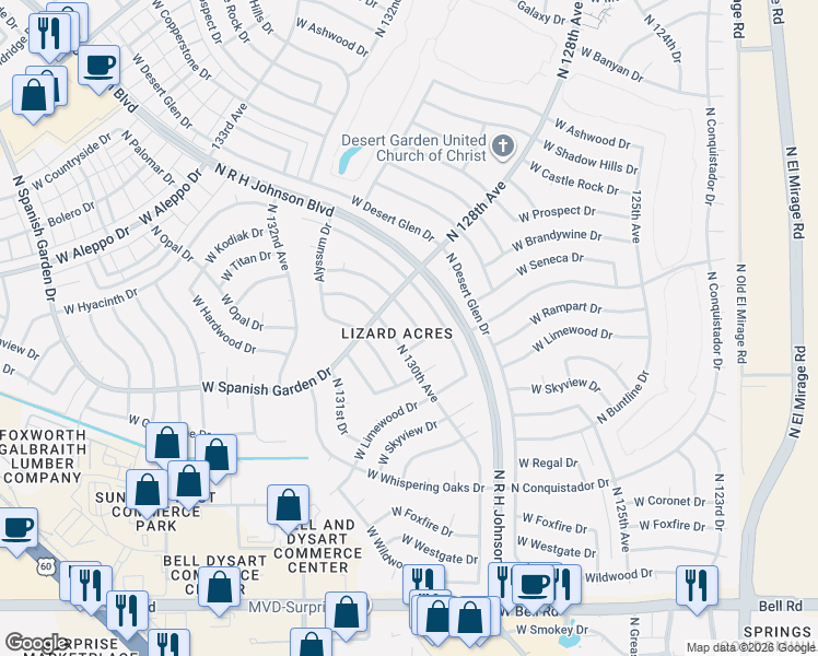 map of restaurants, bars, coffee shops, grocery stores, and more near 18026 North 129th Drive in Sun City West
