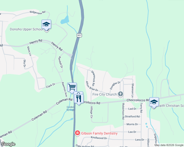 map of restaurants, bars, coffee shops, grocery stores, and more near 230 Shamrock Road in Anniston