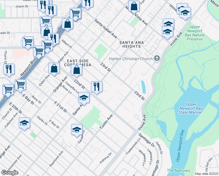 map of restaurants, bars, coffee shops, grocery stores, and more near 337 Vista Baya in Costa Mesa