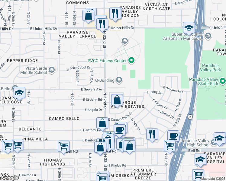 map of restaurants, bars, coffee shops, grocery stores, and more near 3214 East Libby Street in Phoenix