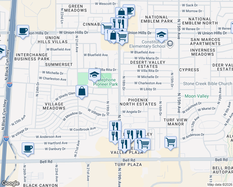 map of restaurants, bars, coffee shops, grocery stores, and more near 17802 North 19th Avenue in Phoenix