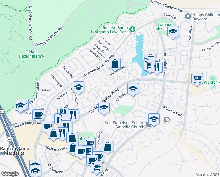 map of restaurants, bars, coffee shops, grocery stores, and more near 54 Gavilan in Rancho Santa Margarita