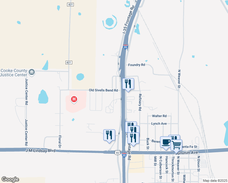 map of restaurants, bars, coffee shops, grocery stores, and more near 2005 Interstate 35 in Gainesville